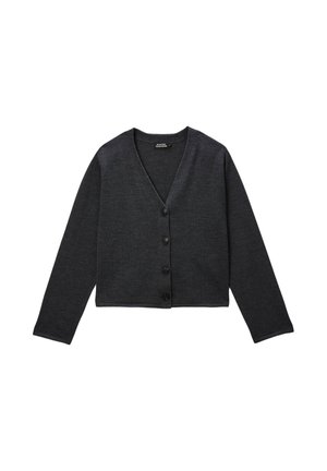 Cardigan court gris foncé à manches longues, décolleté en V, avec six boutons noirs sur le devant ; texture lisse et design simple.