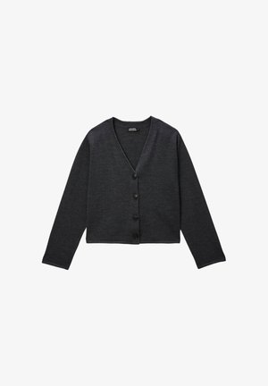 Cardigan court gris foncé à manches longues, décolleté en V, avec six boutons noirs sur le devant ; texture lisse et design simple.