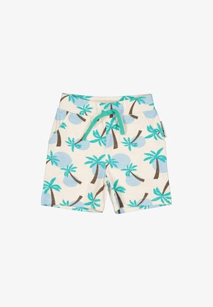 Kremfarvede shorts med turkise palmetræsmønstre og lyseblå cirkler, med lommer og en grøn snøre i taljen.