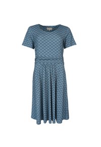 Blaues Baumwollkleid mit floralem Muster, kurzen Ärmeln, taillierter Taille und ausgestelltem Rockdesign. Verfügt über eine Steppnaht an der Taille.