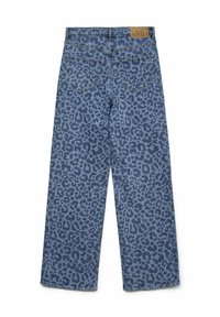 Lichtblauwe spijkerbroek met leopardprint, met een recht model en twee achterzakken. De achterkant heeft een leren merkpatch.