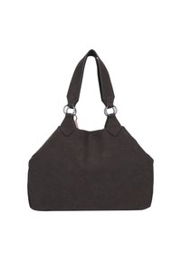 Bolso de mano marrón oscuro con superficie texturada, forma redondeada, doble asas y acentos de hardware en tono plateado. Diseño robusto para uso diario.