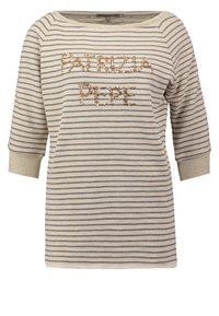 Camiseta de manga larga a rayas en beige y azul marino. Presenta un logo de lentejuelas "PATRIIZIA PEPE" en un corte casual y relajado, con un escote ancho.