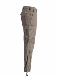 Pantalones cargo marrones con múltiples bolsillos, trabillas para el cinturón y puños con cordón, mostrados de lado sobre un fondo blanco.