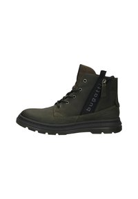 Dunkelgrüner Schnürstiefel mit schwarzem Zugtab, Reißverschluss an der Seite und dickem profiliertem Sohlen.