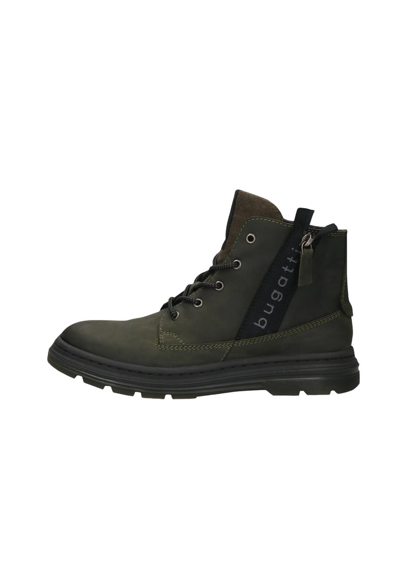 Dunkelgrüner Schnürstiefel mit schwarzem Zugtab, Reißverschluss an der Seite und dickem profiliertem Sohlen.