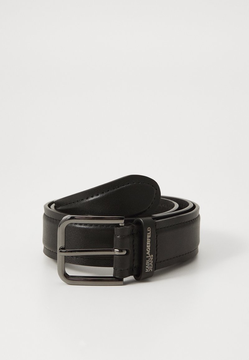 Black leather belt with a silver-tone metal buckle. Features a smooth texture, rectangular buckle shape, and a branded tag on the side.