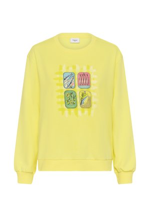 Yellow cotton sweatshirt with long sleeves and ribbed cuffs, featuring a square design with illustrations of fish and plants.
