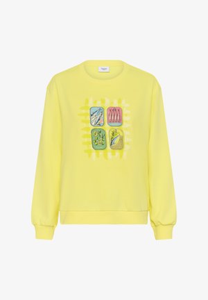 Geel katoenen sweatshirt met lange mouwen en geribde manchetten, met een vierkant ontwerp met illustraties van vissen en planten.