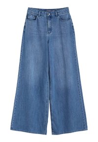 Szerokie niebieskie dżinsy z wysokim stanem, pięcioma kieszeniami i zapięciem na guzik.