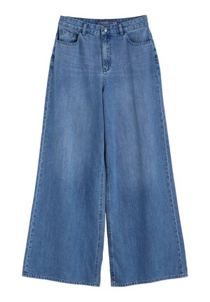 Zvodné modré džínsy s širokými nohavicami, vysokým pásom, dizajnom s piatimi vreckami a zapínaním na gombík.