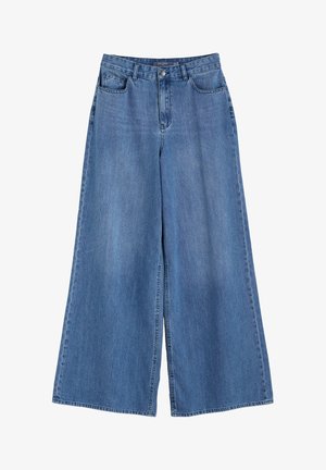 Zvodné modré džínsy s širokými nohavicami, vysokým pásom, dizajnom s piatimi vreckami a zapínaním na gombík.