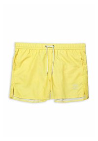 Costume da bagno giallo con elastico in vita e coulisse. Presenta fessure laterali e un sottile dettaglio logo bianco sul davanti. Tessuto con texture liscia.