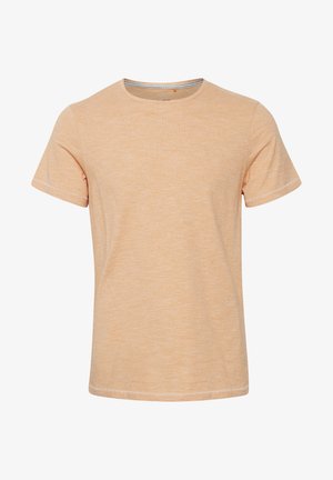 Kortærmet t-shirt i lys ferskenfarve, lavet af blødt stof med en subtil meleret tekstur, med rund halsudskæring og enkel syning.