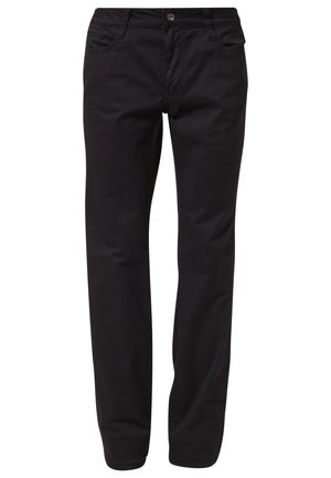 Sorte bukser med lige ben, frontknap og lynlåslukning, for- og baglommer, vist på hvid baggrund.