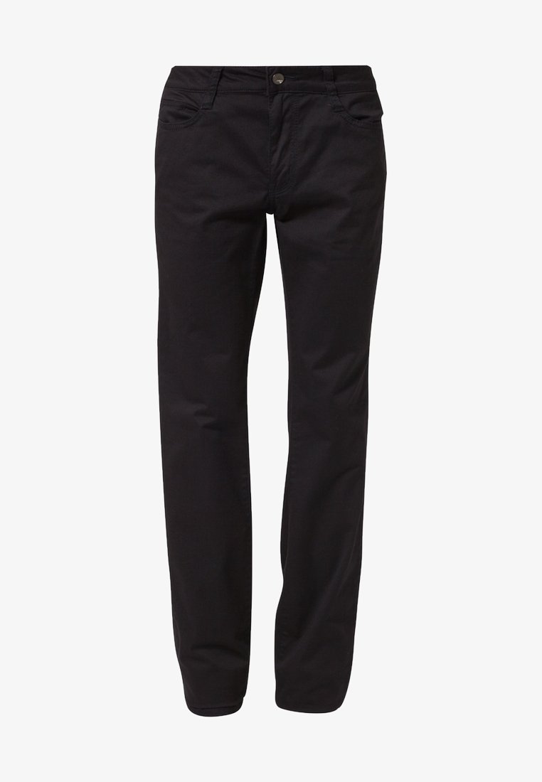Pantalon noir à jambes droites avec fermeture avant à boutons et fermeture éclair, poches à l’avant et à l’arrière, présenté sur un fond blanc.
