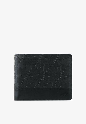 Portafoglio nero con motivo geometrico in rilievo, realizzato in pelle texturizzata. Presenta una fascia in pelle liscia nella parte inferiore con dettaglio del logo.