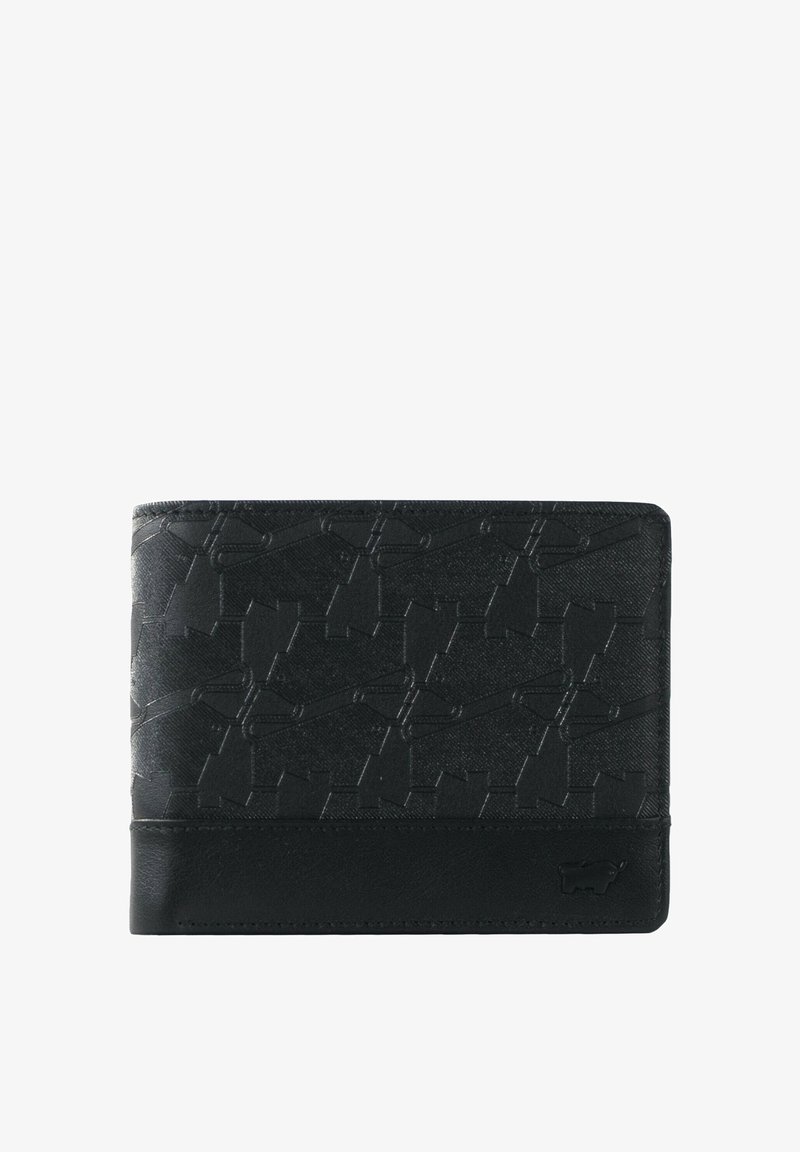 Portafoglio nero con motivo geometrico in rilievo, realizzato in pelle texturizzata. Presenta una fascia in pelle liscia nella parte inferiore con dettaglio del logo.