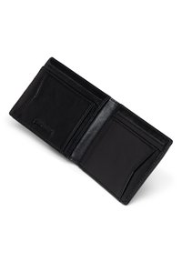 Black leather bifold wallet with a smooth texture, featuring two card slots and an interior coin pocket. Engraved branding on the exterior.