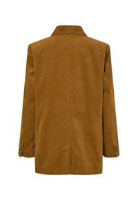 Bruine corduroy blazer met een puntige kraag, lange mouwen en knoopschoenen. Bevat een split aan de achterkant voor flexibiliteit in beweging.