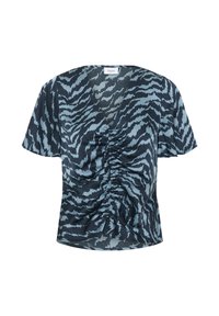 Top a maniche corte in blu e navy con un motivo a strisce di tigre. Presenta dettagli arricciati sul davanti e un colletto rotondo.