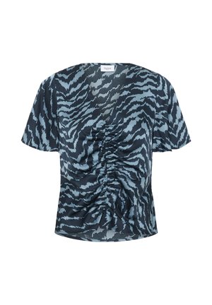 Kurzarmtop in Blau und Marineblau mit einem Tigerstreifenmuster. Verfügt über geraffte Details vorne und einen runden Halsausschnitt.