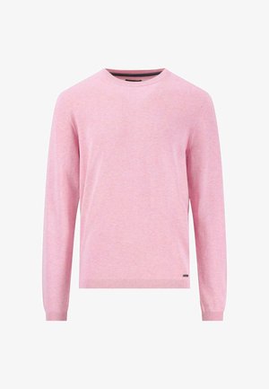 Langärmliger Rundhals-Pullover in Hellrosa, aus weichem Strickstoff mit gerippten Bündchen und Saum, der ein dezentes, strukturiertes Muster aufweist.