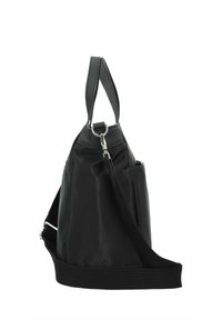Borsa nera con forma strutturata, realizzata in nylon. Presenta una maniglia superiore, una tracolla regolabile e accessori in metallo argentato con una tasca laterale con zip.