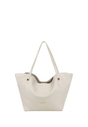 Borsa tote in pelle beige con manici lunghi e logo del marchio "braccialini" in rilievo color oro al centro davanti.