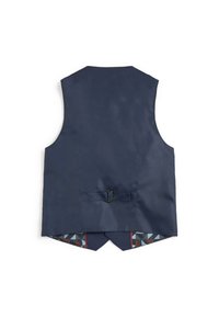 Marineblaues Weste mit glatter Textur, ausgestattet mit einer Rückenbuckle und einem gemusterten Innenfutter in geometrischen Formen aus Blau, Rot und Grau.
