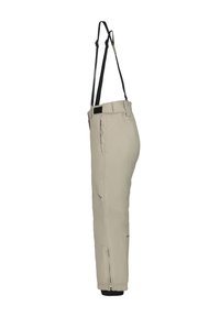 Beige snebukser med justerbare sorte seler, sidelukninger og forstærkede manchetter for øget holdbarhed. Glat stofstruktur.