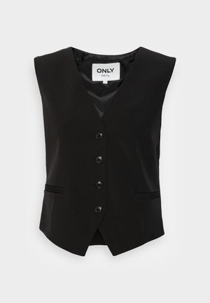 Veste noire sans manches avec col en V, quatre boutons sur le devant, deux petites poches passepoilées et une doublure intérieure lisse, étiquetée "ONLY".