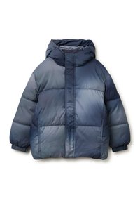 Giacca puffer con cappuccio, con una gradazione di colore dal blu scuro al blu chiaro, texture trapuntata, polsini elasticizzati e colletto alto.