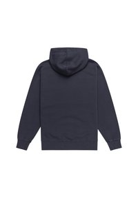Sudadera azul marino hecha de algodón, con capucha ajustable, puños y dobladillo acanalados. Textura suave con un diseño clásico. Vista trasera mostrada.