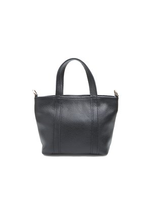 Black leather tote bag with textured finish, two short handles, and subtle seam detailing. Compact rectangular shape with a structured design.