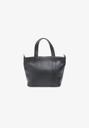 Borsa tote in pelle nera con finitura testurizzata, due manici corti e delicati dettagli di cucitura. Forma rettangolare compatta con un design strutturato.