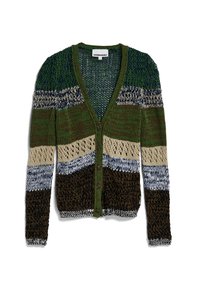 Strickjacke mit grünen, braunen und blauen Streifen, V-Ausschnitt, Knopfverschluss und offenen Maschenmustern.