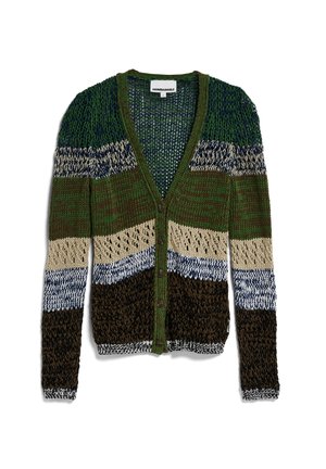 Knit cardigan featuring green, brown, and blue stripes with a v-neck, button closure, and open stitch patterns throughout.