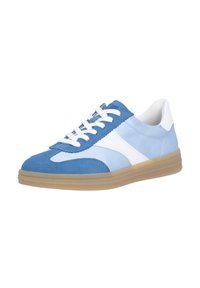 Sneaker mit einem Obermaterial in Blau und Hellblau mit weißen Akzenten, gefertigt aus Wildleder und synthetischen Materialien, mit einer Gummisohle.