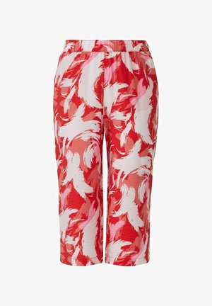 Czerwono-różowe spodnie w wzory z elastycznym pasem, krótką długością i lekkim, strukturalnym materiałem.