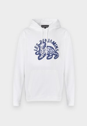 White hooded sweatshirt featuring a navy blue graphic logo of a leopard with spots, a kangaroo pocket, and drawstrings at the neckline.