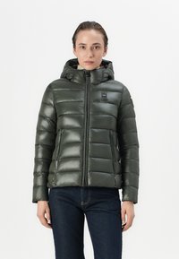 Doudoune verte avec capuche, présentant un design matelassé, une texture lisse et une fermeture éclair à l'avant, complétée par des poches latérales et un détail de logo.