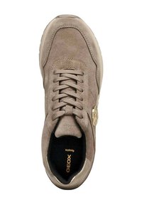 Sneaker in camoscio beige con punta arrotondata, frontale con lacci e dettaglio logo dorato. Tomaia testurizzata e interno nero imbottito.