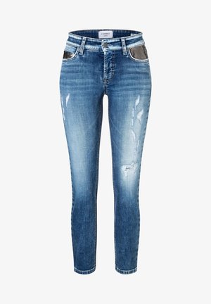 Siniset haalistuneet kapeat farkut kuluneilla paikoilla ja mustalla teksturoidulla kankaalla etutaskuissa, napit ja vetoketjusulku, merkin etiketti vyötärön sisäpuolella.