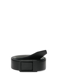 Cintura in pelle nera con finitura liscia, dotata di una fibbia rettangolare in metallo nero impreziosita dalla scritta "LIUJO". Progettata con uno stile minimalista.
