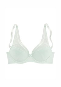 Licht mintgroene beha met een gestructureerd geometrisch patroon, beugels in de cups en verstelbare bandjes; gladde afwerking en klassieke vorm.