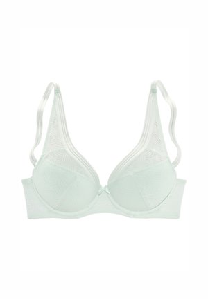 Licht mintgroene beha met een gestructureerd geometrisch patroon, beugels in de cups en verstelbare bandjes; gladde afwerking en klassieke vorm.