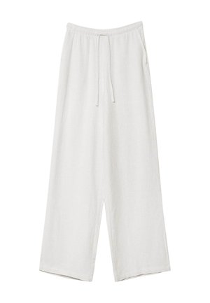 Pantalon ample en lin blanc avec taille élastique et cordon, doté de poches latérales et de larges jambes.