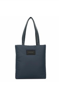 Sac fourre-tout bleu marine en nylon lisse, avec deux poignées texturées et un patch logo rectangulaire noir à l'avant.