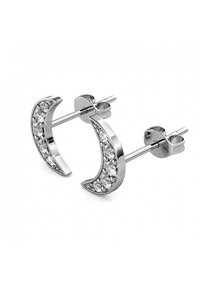 Orecchini a forma di mezzaluna in argento, decorati con strass trasparenti lungo il bordo esterno, con una finitura lucida e design a chiodo.